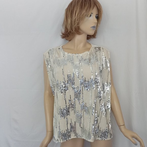 Nwt MARC NEW YORK Silver Cream One Size Sequined Top Blouse Very CHIC! - Picture 1 of 8